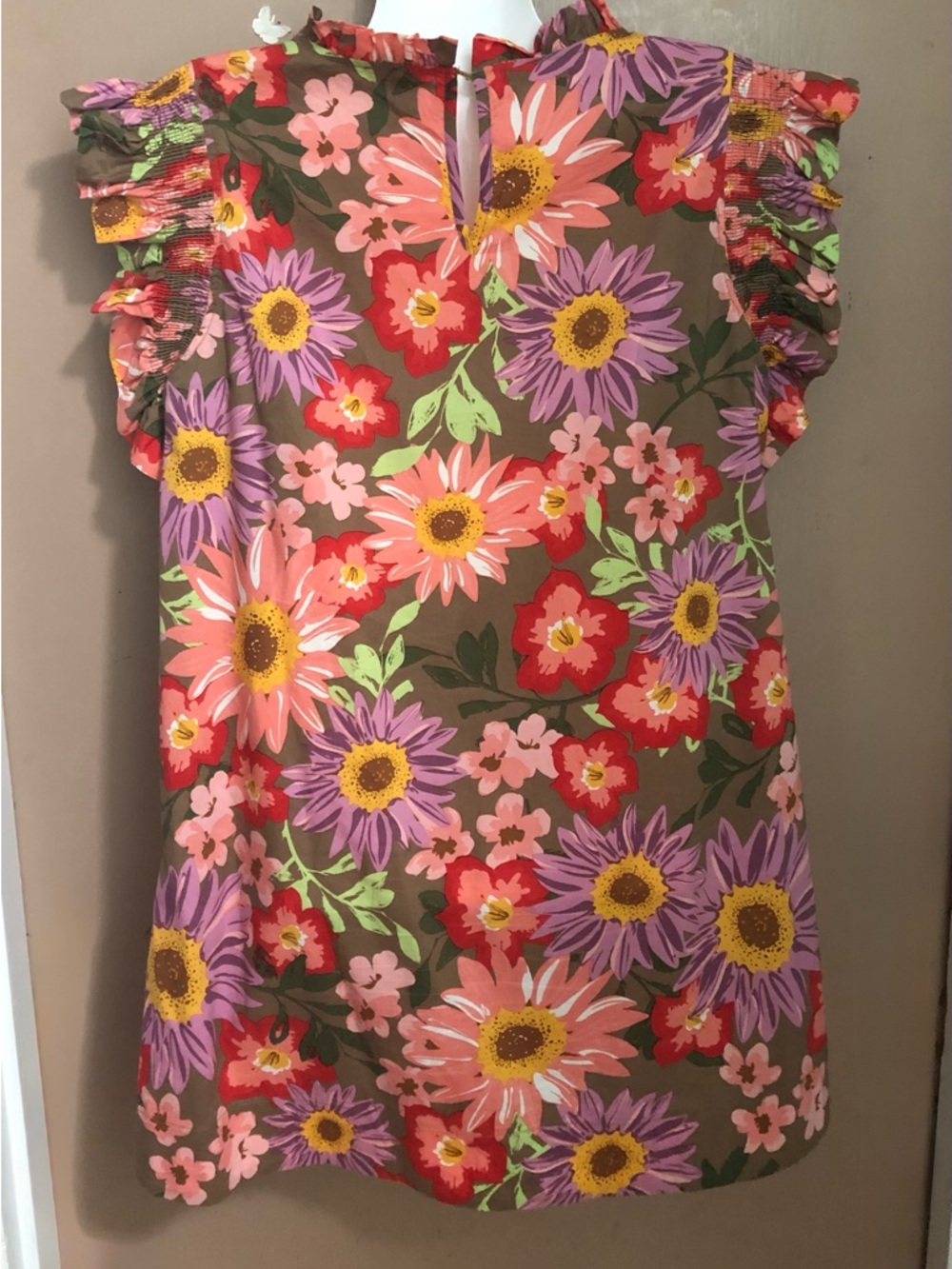 Jodifl Floral Print Dress Ruffled Neckline & Smocked Sleeves Size L - Picture 3 of 7